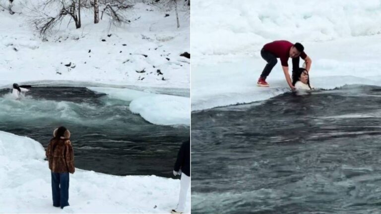 新疆冰河驚魂！母女拍照墮冰河 勇嚮導短袖救人成焦點
