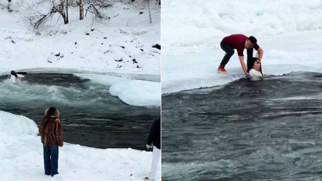 新疆冰河驚魂！母女拍照墮冰河 勇嚮導短袖救人成焦點